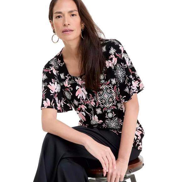 JM Collection Women's Printed Flutter-Sleeve Square Neck Crepe Top BLK Floral XL - Picture 1 of 11